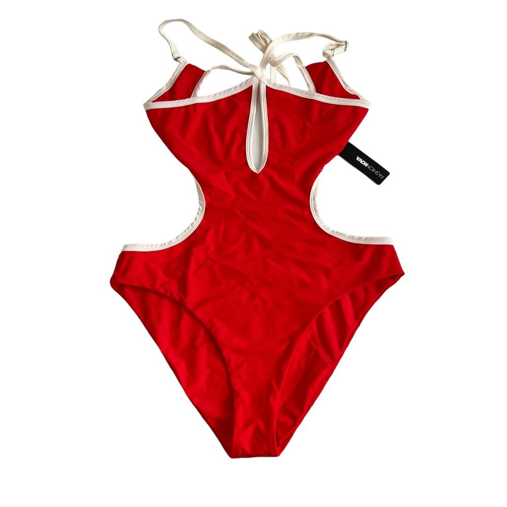 Fashion Nova Fun In The Sun 1 Piece Cutout swimsuit red white trim plus 1x